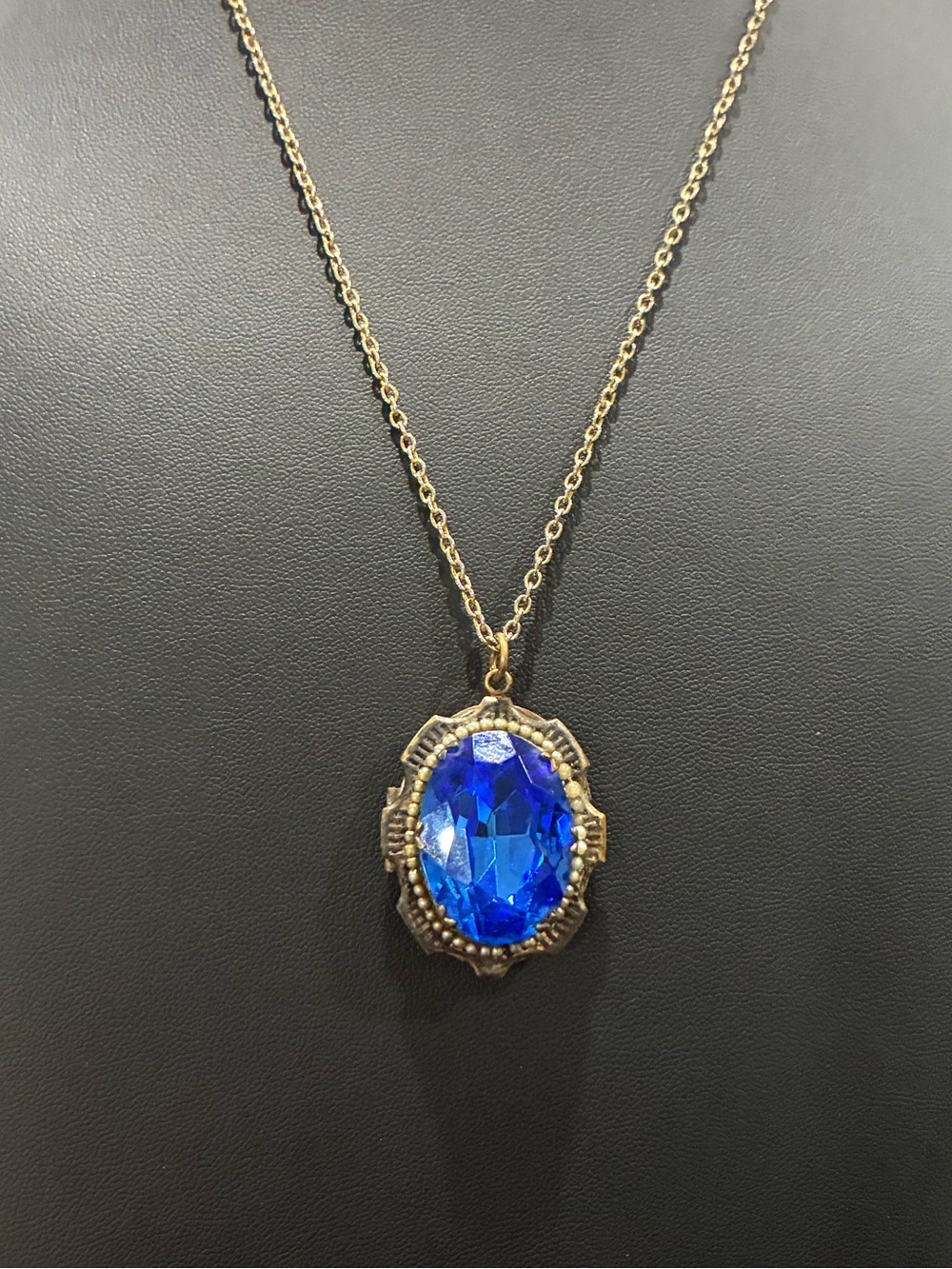 Vintage Art Deco Victorian Revival Blue Czech Glass Locket Necklace